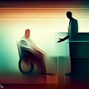A rendered image of a doctor talking to someone in a wheelchair