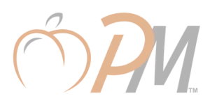 PeachyMed's Logo an Apple beside the initials PM