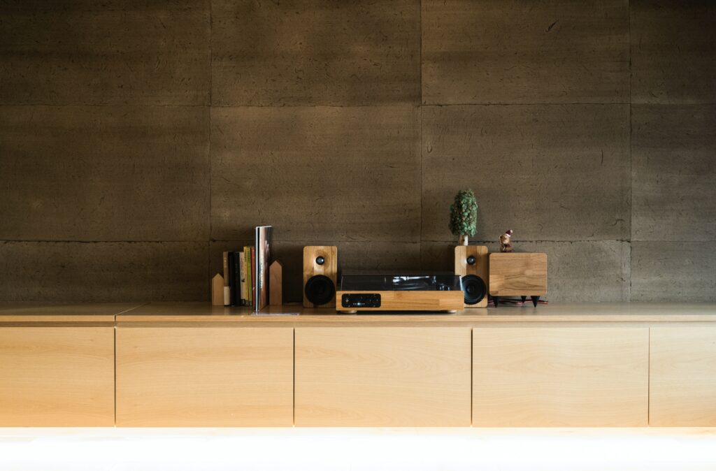 Home audio equipment on a shelf