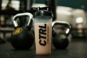 protein shake and kettlebells