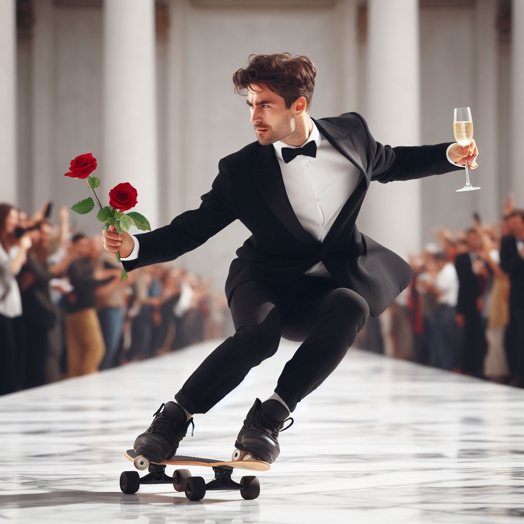 man skateboarding holding a wine glass and a rose