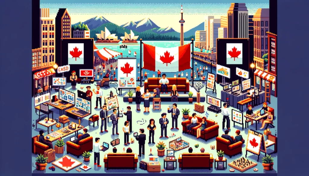 pixel art style image that embodies the spirit of Canadian entrepreneurship, featuring a vibrant startup environment with entrepreneurs engaging in various innovative activities, set against a backdrop that includes subtle nods to iconic Canadian symbols.