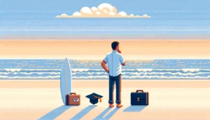 minimalist pixel art style image featuring a man on a beach, contemplating between a surfboard, a briefcase, and an education symbol, set against a simple and serene beach backdrop.