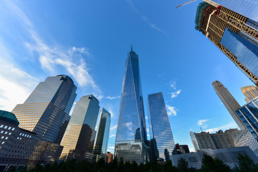 View of the New York City skyline on a summer day.