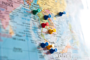 Pins on travel destination